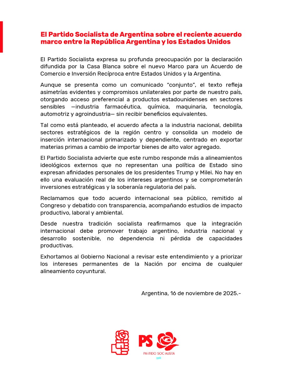 🌹| El <a href="/ps_argentina/">Partido Socialista</a>,  expresa su profunda preocupación por la declaración difundida por la Casa Blanca sobre el nuevo Marco para un Acuerdo de Comercio e Inversión Recíproca entre Estados Unidos y la Argentina.

✒️ Ver el posicionamiento completo aquí: shorturl.at/WRZ4B