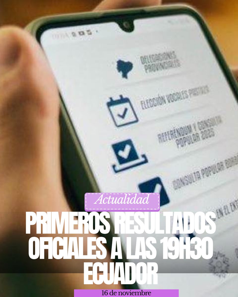 Se cerró la jornada de escrutinios del #referendumyconsulta2025 a las 17h00 y se tiene previsto que el <a href="/cnegobec/">cnegobec</a> de a conocer los primeros resultados de este proceso a partir de las 19h30.

A las 23h00 se espera tener el 90 por ciento de las actas.