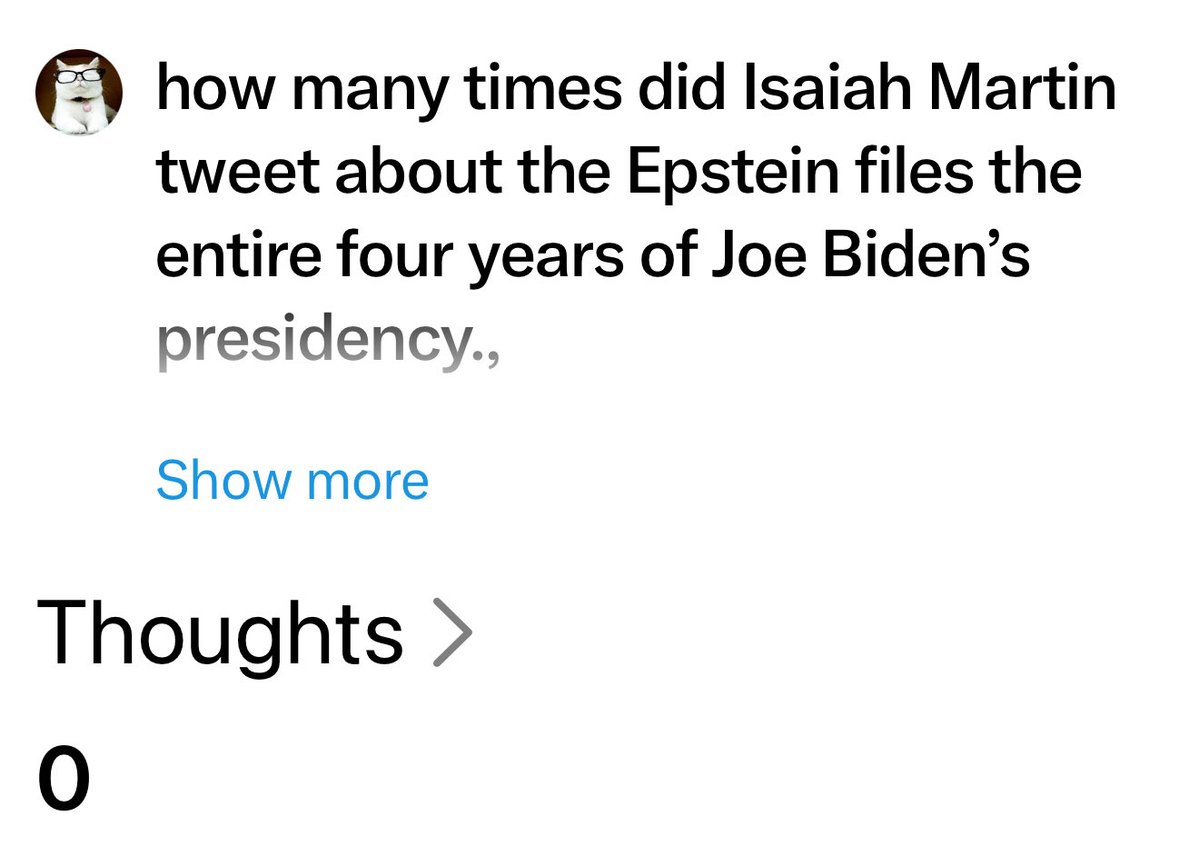 <a href="/isaiahrmartin/">Isaiah Martin</a> Please explain why you didn’t tweet one time about the Epstein files for four years during Biden’s presidency since you want to expose pedophiles so badly?  I’ll be waiting