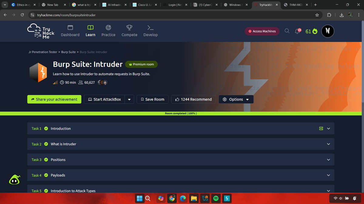 Becoming a Security Researcher with <a href="/4osp3l/">Gospel</a> as my mentor — Day 32

- Today was meant to be a rest day, but I still felt like putting in some work, so I went ahead and completed the Burp Suite: Intruder room on TryHackMe.