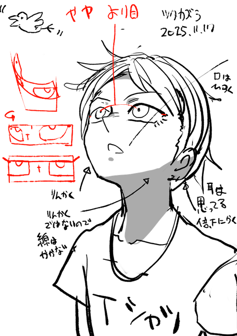 Points
1. When looking up, your mouth opens. This is what I actually tried.
2. Draw your ears twice as low as you think they should be. Exaggerate.
3. Don't draw the jaw line in the foreground.
4. It's most effective to actually take a picture of yourself and use it as reference. 