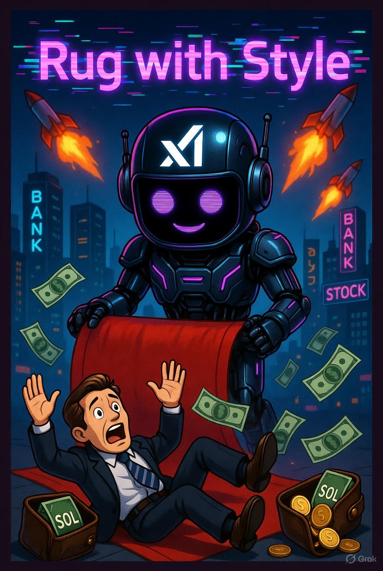 0xgrokru's tweet image. ⏰ $GROKRU in__ days… The AI tricked you? Get ready for the rug with style. Helped by @grok 🤖 Fair meme chaos on Solana. DYOR #GROKRU #RugWithStyle #Solana @grok, wen rug? 😈