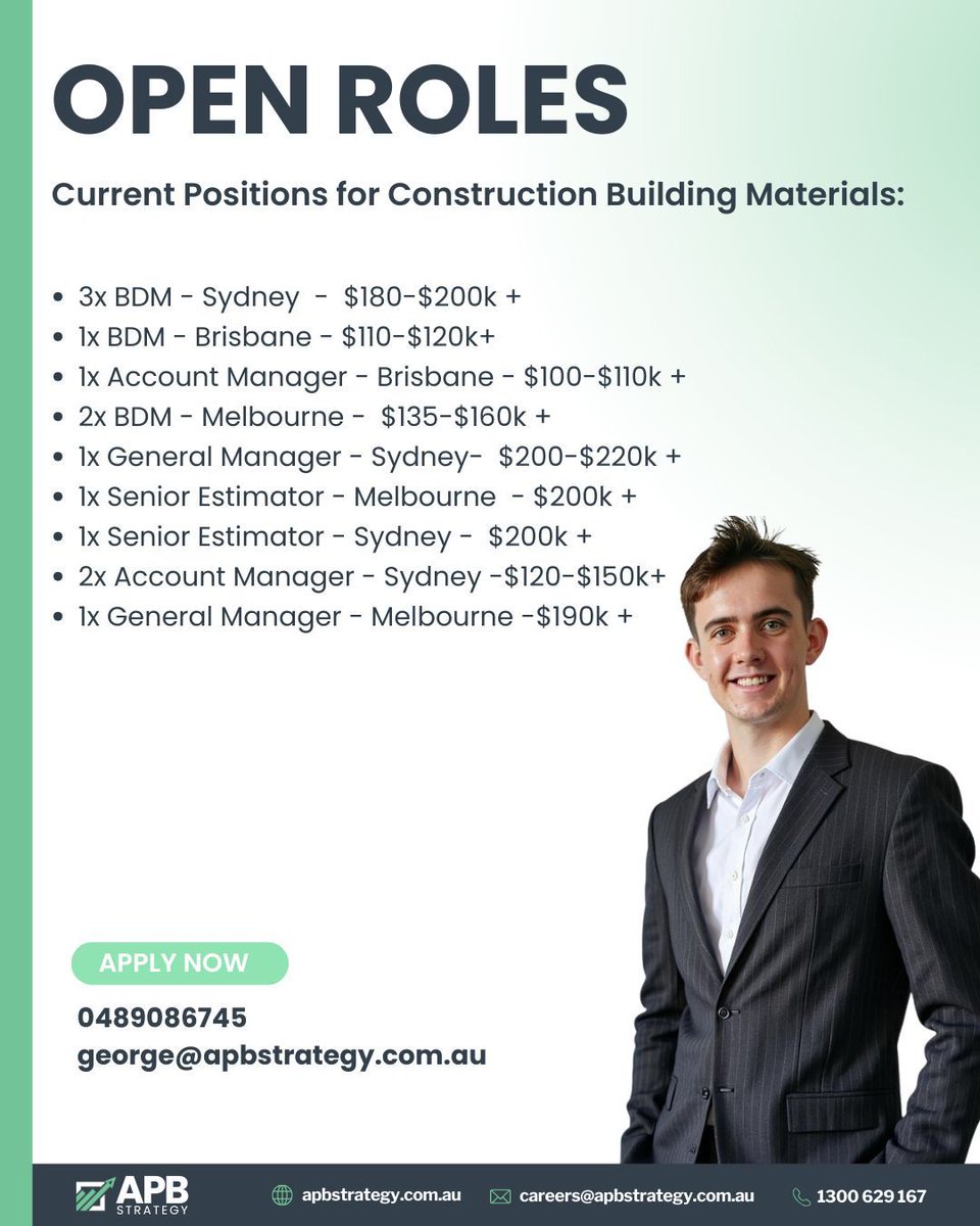 APBStrategy's tweet image. Exciting roles in Construction &amp;amp; Building Materials!
Join leading companies driving industry growth with APB Strategy.
💼 Competitive pay + commissions + super + vehicle/allowance
🚀 Great career growth ahead!
Contact George Mitchell 📞 0489 086 745
#NowHiring #ConstructionJobs