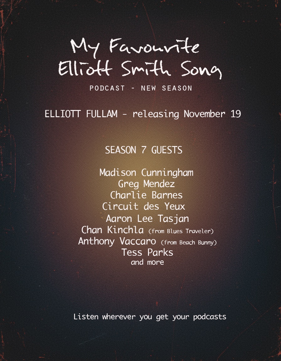 MyFavESmithSong's tweet image. Season 7 of My Favourite Elliott Smith Song launches Nov 19.
Featuring Madison Cunningham, Greg Mendez, Circuit des Yeux, Charlie Barnes, Aaron Lee Tasjan, Chan Kinchla (Blues Traveler), Tess Parks, Elliott Fullam &amp;amp; more.
First up: Elliott Fullam. #elliottsmith
