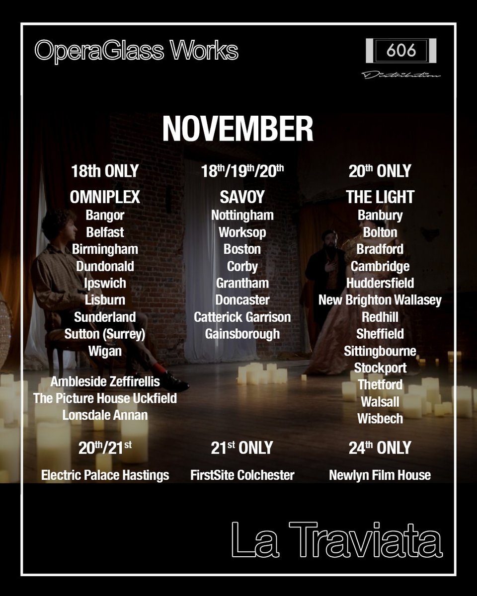606Distribution's tweet image. This week we are presenting @OperaGlassWorks beautiful film of LA TRAVIATA in 36 sites across the UK and Northern Ireland. Opera brilliantly reimagined for cinema. Limited Shows BOOK NOW! #Opera #LaTraviata rfr.bz/t43943c 𝗥𝗲𝘁𝘄𝗲𝗲𝘁 𝘁𝗼 𝘀𝗽𝗿𝗲𝗮𝗱 𝘁𝗵𝗲 𝘄𝗼𝗿𝗱!