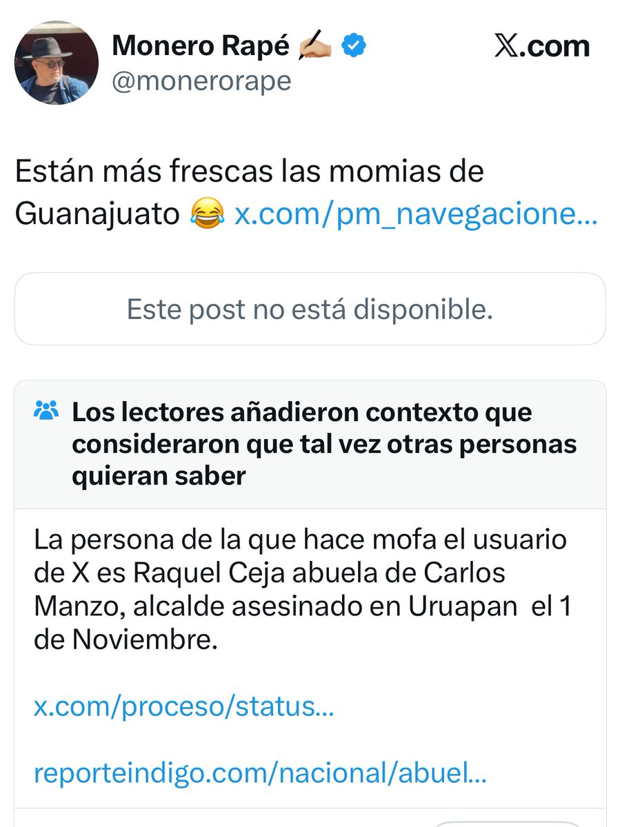 oye, animalito, <a href="/monerorape/">Monero Rapé ✍🏼</a> 
¿Por qué borraste el tuit donde te estabas burlando de la abuelita de Carlos Manzo?
¿qué pasó ahí?