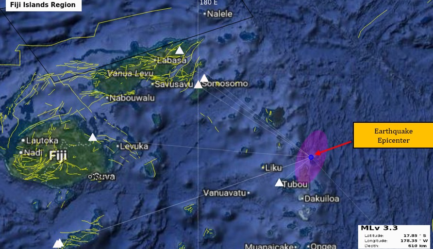 Earthquake Information bulletin issued.
Date: 17/11/2025
Time: 10:34:14 AM
Magnitude: 3.3
Depth: 610 km
Location: 65 km NNE from Dakuiloa village, Oneata, Lau.
However, it does not pose any immediate tsunami threat to the Fiji region.