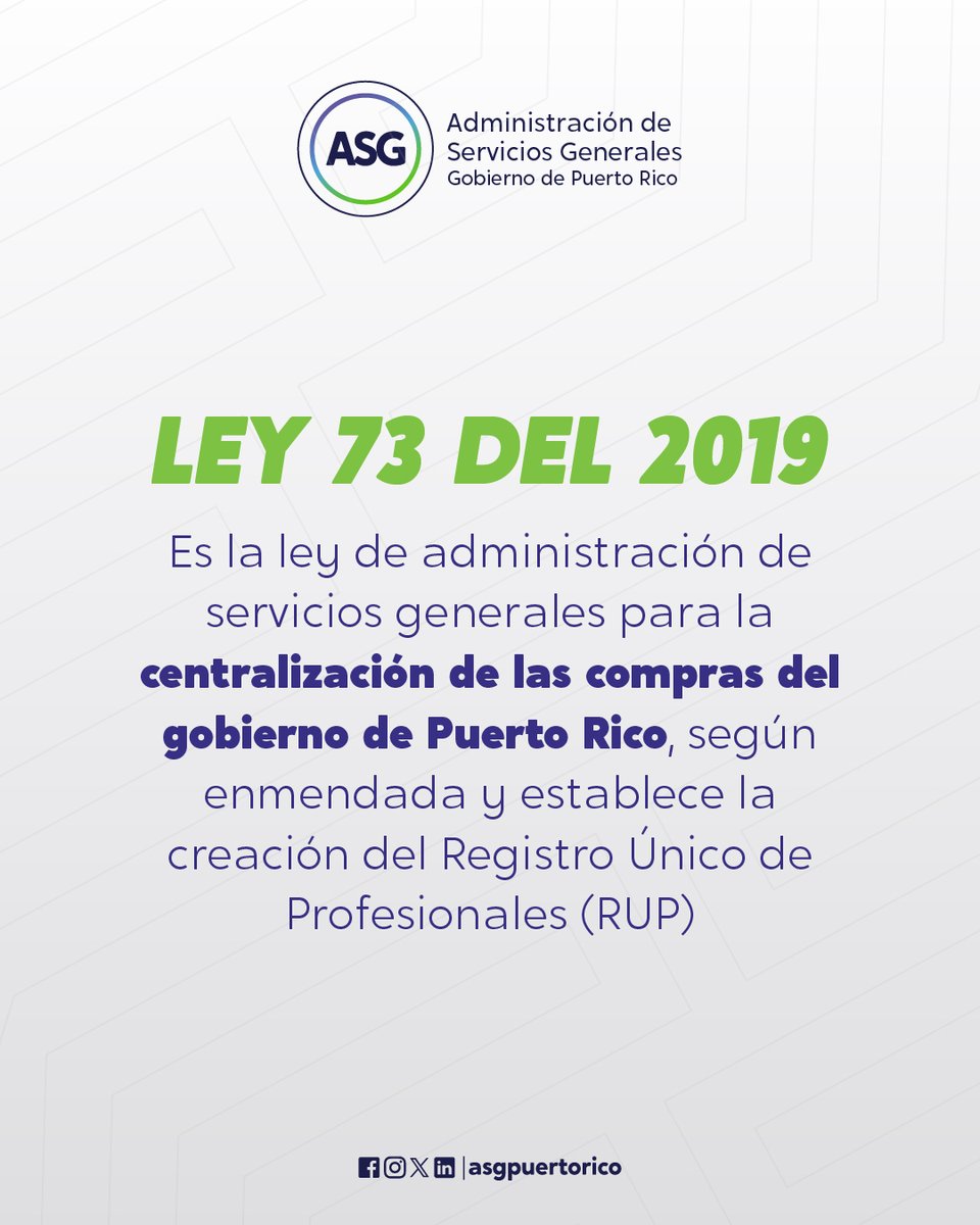📢 Acorde a la ley, el Registro Único de Profesionales (RUP) permite que toda persona natural o jurídica pueda ofrecer sus servicios y realizar contratos con entidades gubernamentales.

👉 Accede a asg.pr.gov y conoce los requisitos.
#ASGComunicando #RegístrateRUP