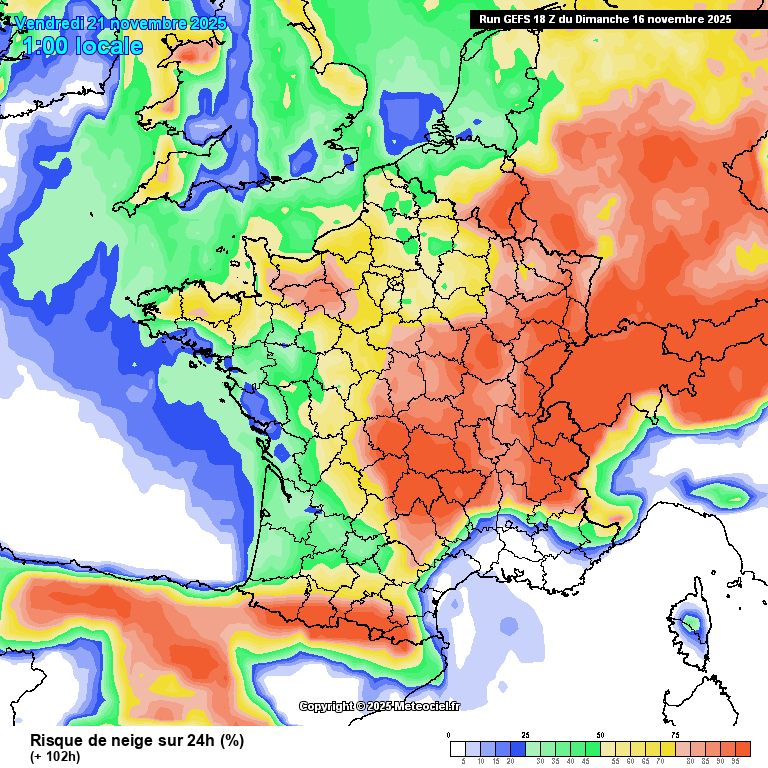Probabilité de #neige, GEFS 18z J+5