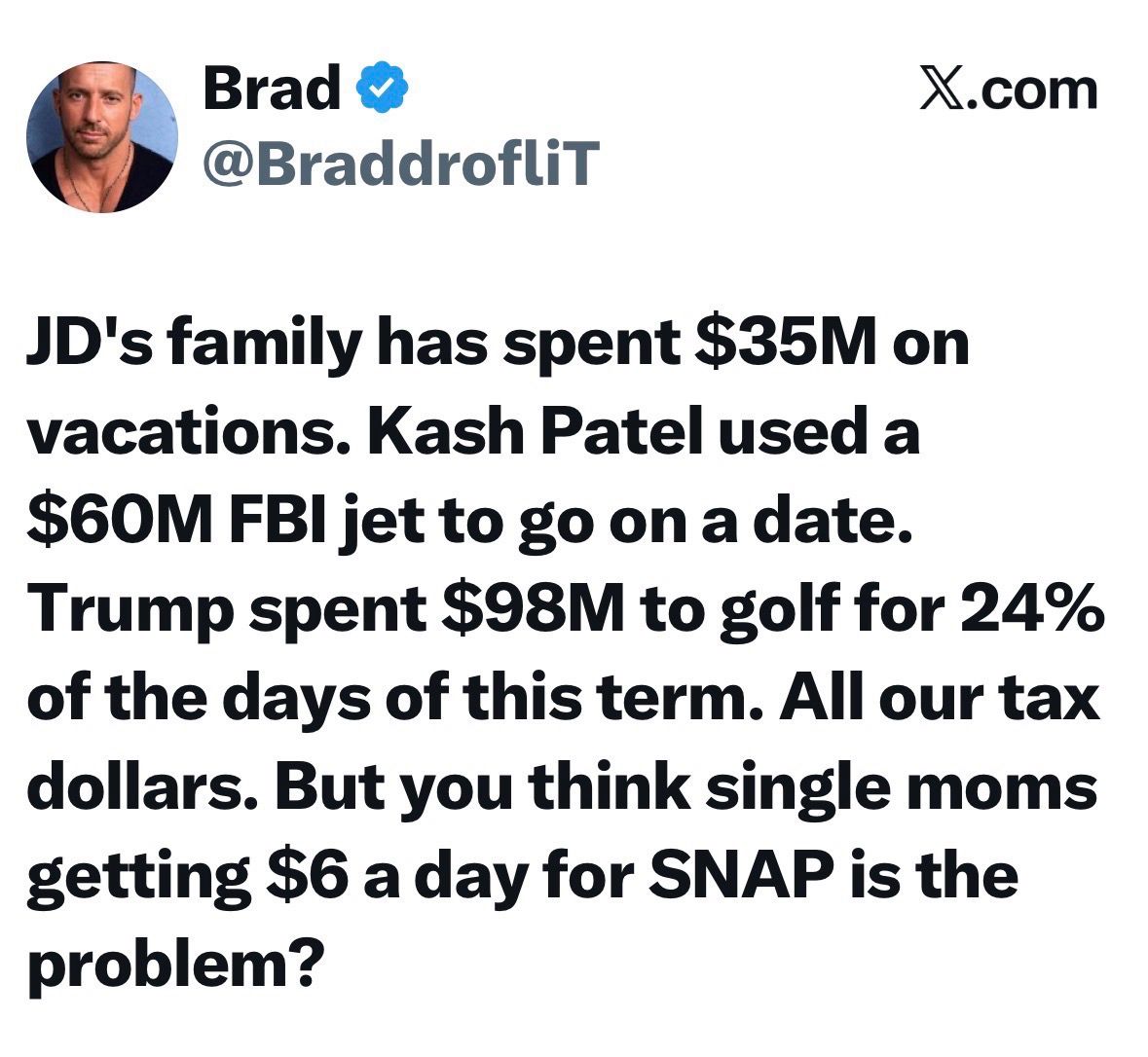 They grift all day long for themselves, but then fight tooth and nail to make sure people can't get food assistance or affordable health care.

#ResistTrump