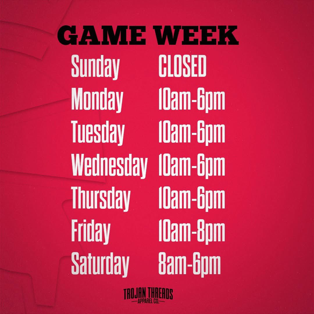 It's Game Week!
Monday-Thursday: 10am-6pm
Friday: 10am-8pm
Saturday: 8am-6pm