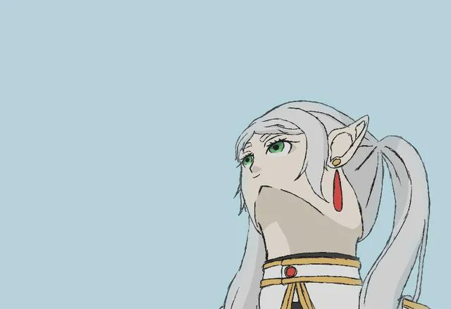 KeiyosX's tweet image. Ngl the Frieren meme/trend going round, I always thought this image was basically on the money if you just remove the face and make that top of the head part the nose

#art #animation #frieren