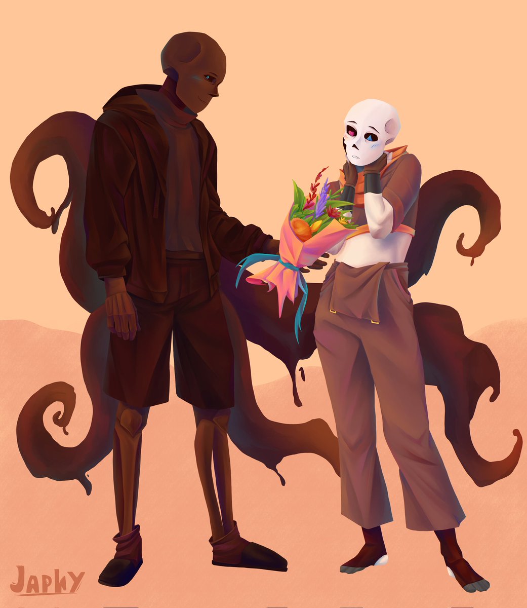 Gentle flowers, encircled by a beautiful ribbon, came into view. Nightmare smirked faintly.
—For me
—For you.
Nightmare cut him off, averting his gaze shyly.

#dreamtale #Undertale #undertaleAU #sans #sansau #digital #art #inksans #digitalart #nightmaresans #inkmare #nightink