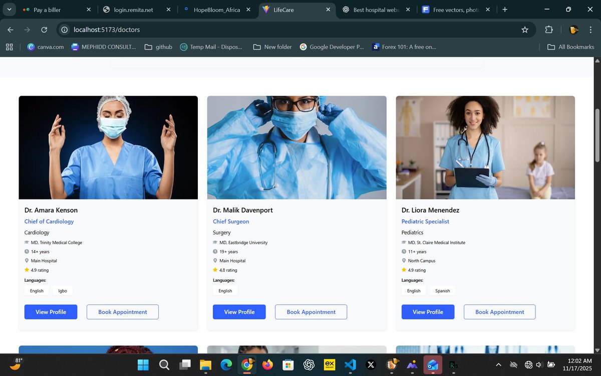 WebFyreDev's tweet image. Finished building the Doctors Directory Page today — dynamic data, reusable components, and a clean medical UI design.
Loving the progress on this hospital website project. 🏥⚡
#WebDevelopment #Frontend #frontenddevelopers #FrontendDev