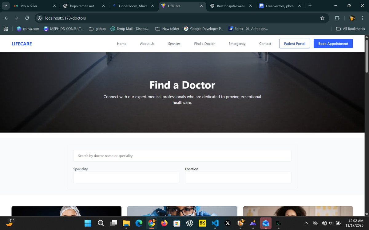 WebFyreDev's tweet image. Finished building the Doctors Directory Page today — dynamic data, reusable components, and a clean medical UI design.
Loving the progress on this hospital website project. 🏥⚡
#WebDevelopment #Frontend #frontenddevelopers #FrontendDev