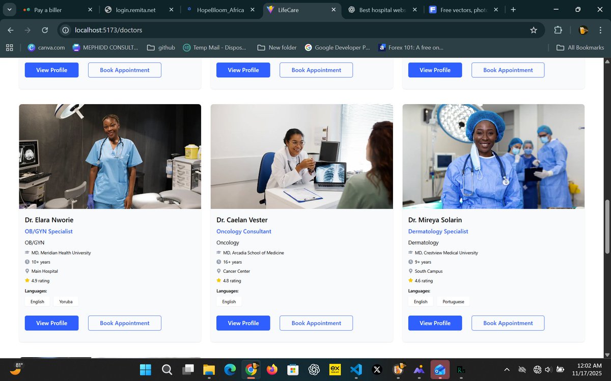 WebFyreDev's tweet image. Finished building the Doctors Directory Page today — dynamic data, reusable components, and a clean medical UI design.
Loving the progress on this hospital website project. 🏥⚡
#WebDevelopment #Frontend #frontenddevelopers #FrontendDev