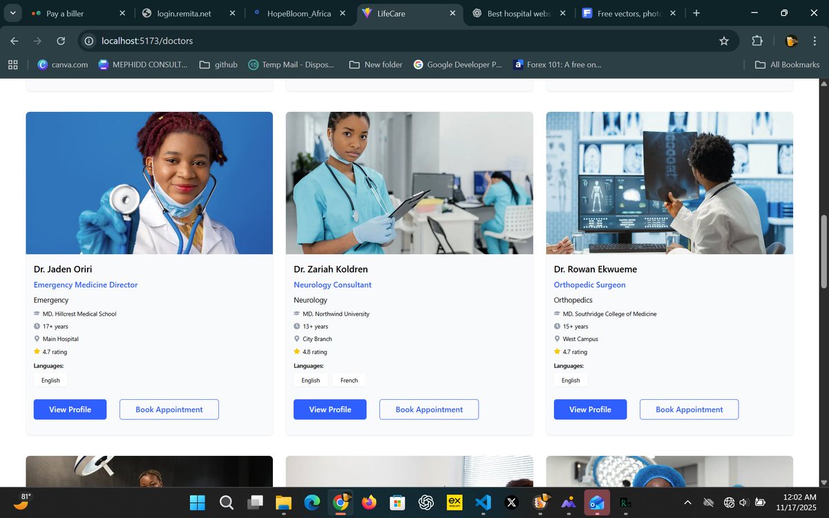 WebFyreDev's tweet image. Finished building the Doctors Directory Page today — dynamic data, reusable components, and a clean medical UI design.
Loving the progress on this hospital website project. 🏥⚡
#WebDevelopment #Frontend #frontenddevelopers #FrontendDev