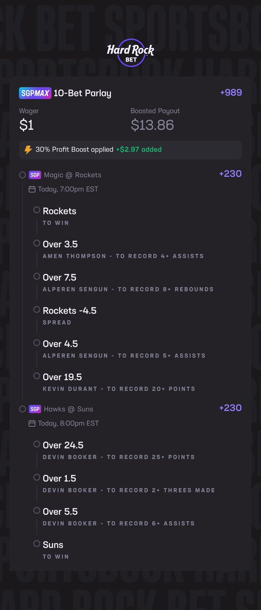 AiEdgePicks's tweet photo. 🏀 NBA 10-Leg Builder — Monday Night Sweat 🔥

$1 ➜ $13.86 with the boost.

Two games. One story:
Rockets take care of business early. Suns close it late.

Rockets SGP (Magic @ Rockets)
• Rockets ML
• Rockets -4.5
• Amen 4+ AST
• Sengun 8+ REB
• Sengun 5+ AST
• KD 20+ PTS

Suns SGP (Hawks @ Suns)
• Booker 25+ PTS
• Booker 2+ 3PM
• Booker 6+ AST
• Suns ML

All correlated. All clean.
No ceiling nonsense — just usage, pace, and role stability.

Scroll the pic for the exact ticket.
Let’s see if the model threads the needle tonight.

❤️ if you like the build
🔁 if you’re tailing
🔥 if you cooked your own 10-legger tonight

#TrentTalks #TTAB #NBA #Parlay #SportsBetting #AIBetting #NBAPicks by