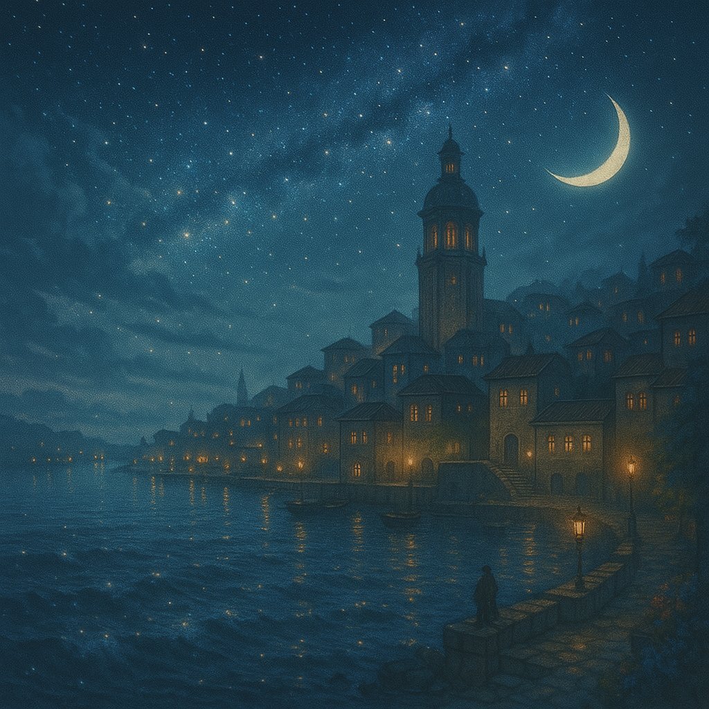funfungen's tweet image. 🌊星潮の港街セリダール
波音と灯りが夜を満たす。星の雫が水面を飾り、遥かな記憶が潮風に溶けていく。 #幻想風景 #港街 #星夜