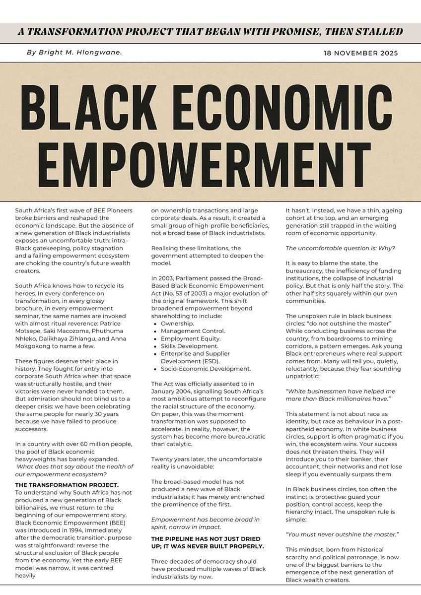 IamBrightSA's tweet image. South Africa doesn’t have a BEE crisis, we have a successor crisis.

Time to build ladders, not monuments.

Read more, below:

#BlackEconomicEmpowerment #EconomicReform #YouthInclusiveGrowth