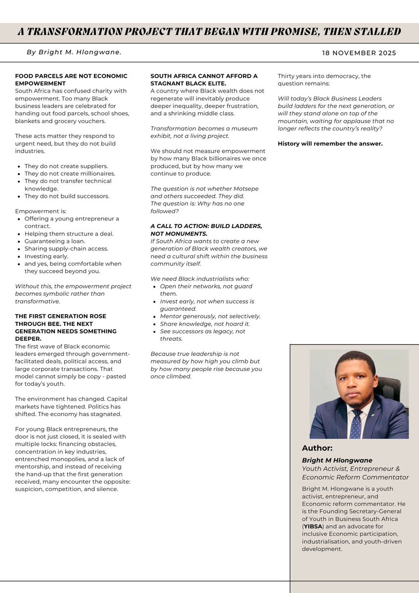 IamBrightSA's tweet image. South Africa doesn’t have a BEE crisis, we have a successor crisis.

Time to build ladders, not monuments.

Read more, below:

#BlackEconomicEmpowerment #EconomicReform #YouthInclusiveGrowth