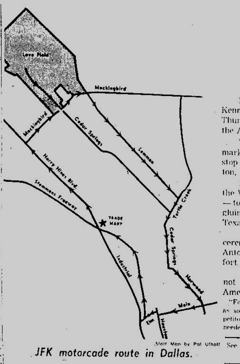 The Dallas Times Herald has put out the first edition of today's afternoon paper, with a map of tomorrow's motorcade route. At the Texas School Book Depository downtown, a clerk excitedly shows the map to his coworkers – the President will pass right in front of their building.