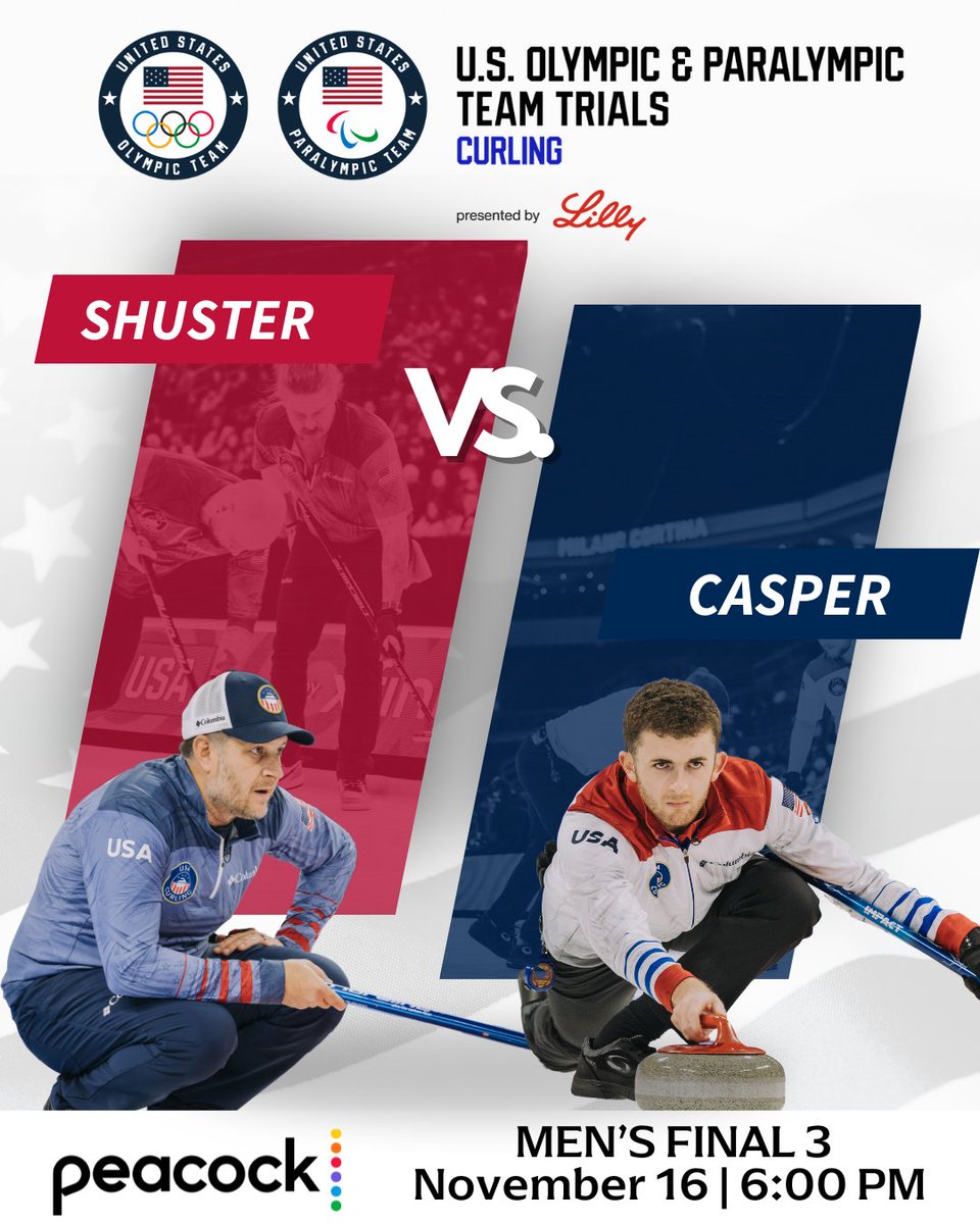 usacurl's tweet photo. Winner takes it all. Tonight at 6:00 PM CT, Team Casper takes on Team Shuster in Game 3 of the best-of-three final. You won’t want to miss this one. Tune in on Peacock and USA Network to watch live. https://t.co/kWFMw1xGWs