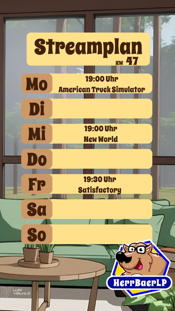 Hallo Freunde. 
Hier ist der Streamplan für die KW47
17.11.2025 - 23.11.2025 

Mo.: 19:00 Uhr #AmericanTruckSimulator

Mi.: 19:00 Uhr  #NewWorldAeternum 

Fr.: 19:30 Uhr #Satisfactory   

Sa. &amp; So.: spontan  

Habt eine Tolle Woche 🐻🍯 #honigliebe