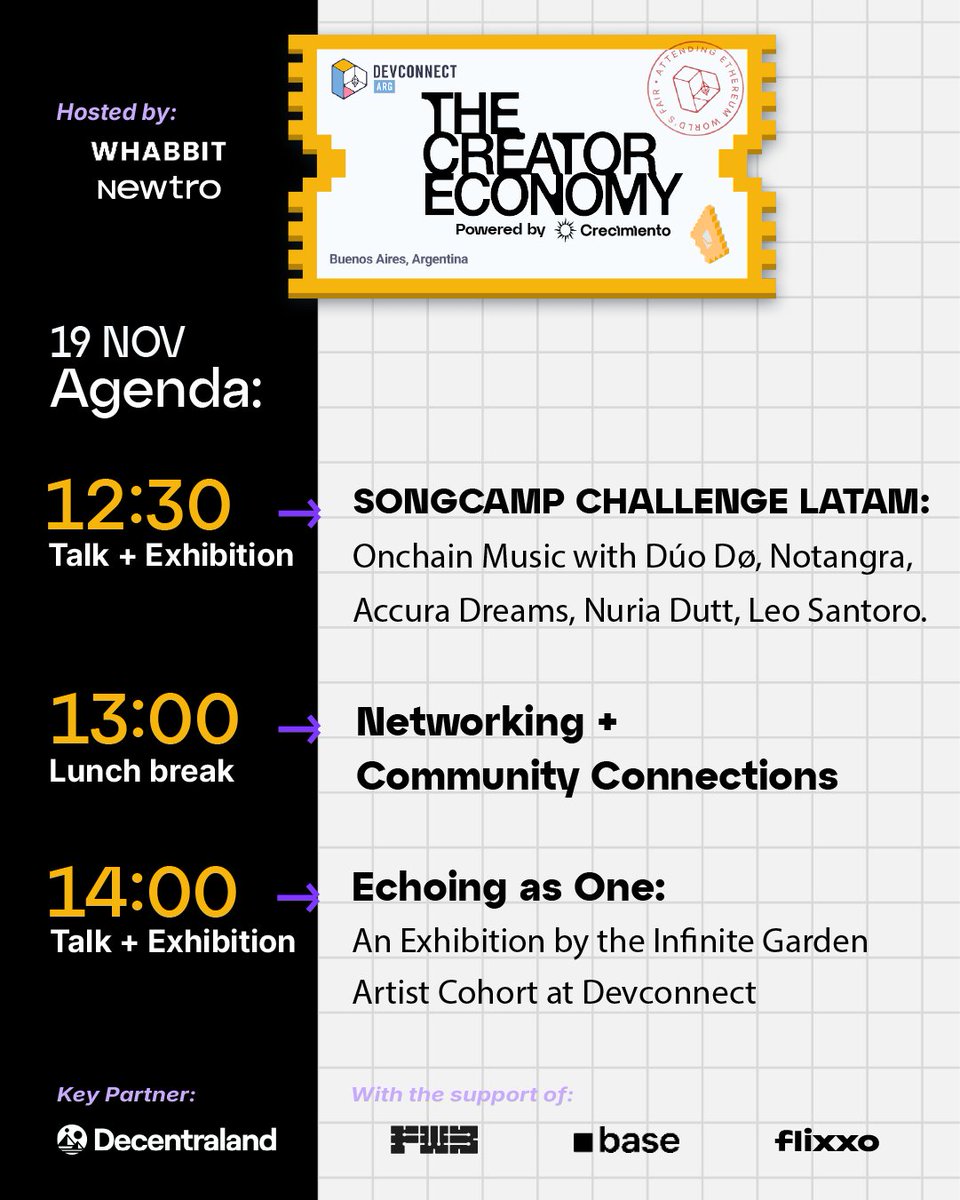 And in the afternoon:
- Songcamp, with:  <a href="/duodomusica/">Dúo Dø Music ♬₊˚</a>, <a href="/AccuraDreams/">accura dreams</a>, <a href="/GrachiCalampa/">Graxianitaツ★(^_−)♥‿♥</a>, <a href="/NuriaDutt/">Nuria Dutt</a>, <a href="/Toteco_egg/">leo santoro</a> 
- Artist Cohort with <a href="/tomosaito/">tomosaito.eth</a>, <a href="/duodomusica/">Dúo Dø Music ♬₊˚</a>, <a href="/yinhwa_art/">Inhwa Yeom</a>, <a href="/maggiemolinari/">Magdalena Molinari</a>, <a href="/0xsevenfloor/">Sevenfloor</a>