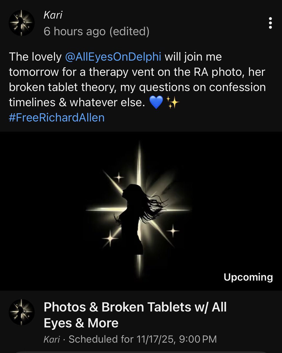 alleyesondelphi's tweet image. Tomorrow night:

Talking confessions, broken tablets, Westville, prison guards, and the shocking photo of Richard Allen with the delightful @KariArcana ✨

youtube.com/live/LT6MnzjAc…