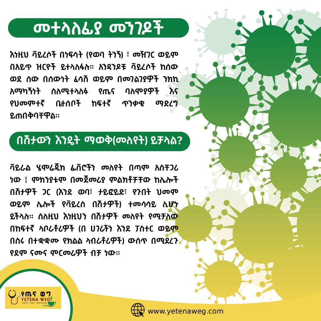 🔖 ቫይራል ሄሞሬጂክ ፊቨር ምንድን ነው?

Dr.Abraham Sisay <a href="/AbrahamSisay5/">Abraham Sisay 🇪🇹</a> 

ቫይራል ሄሞሬጂክ ፊቨር (VHF) በቫይረሶች የሚመጣ፤ የደም መፍሰስ ችግር እና የተለያዩ የሰውነታችን አካላትን (ለምሳሌ እንደ ጉበት ፣ ኩላሊትን ) በማድከም ለሞት ሊዳርግ የሚችሉ