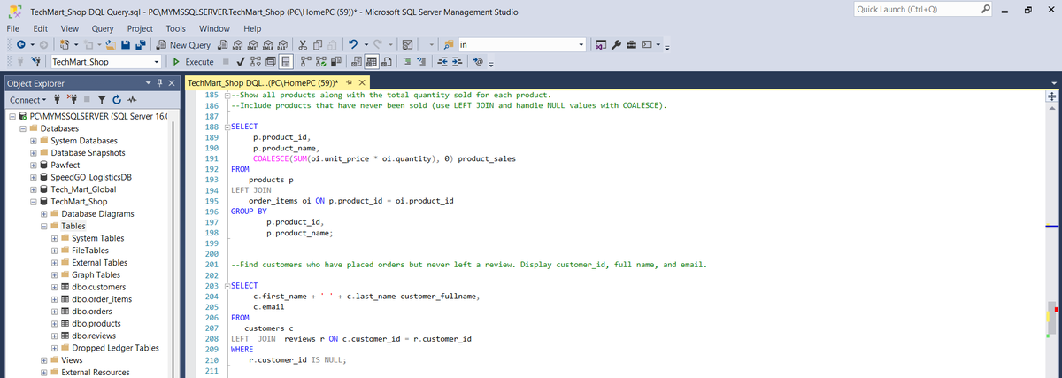 starryeyed_soul's tweet image. Day 2: DOCUMENTING MY SQL PROGRESS

Just another day in the trenches, Chads. 

Couple of queries today.  Each query is separated by comments. 

Query 1: All orders placed in the last 90 days from today&apos;s date. The idea here is to use the DATEADD function to add 90 days to the…
