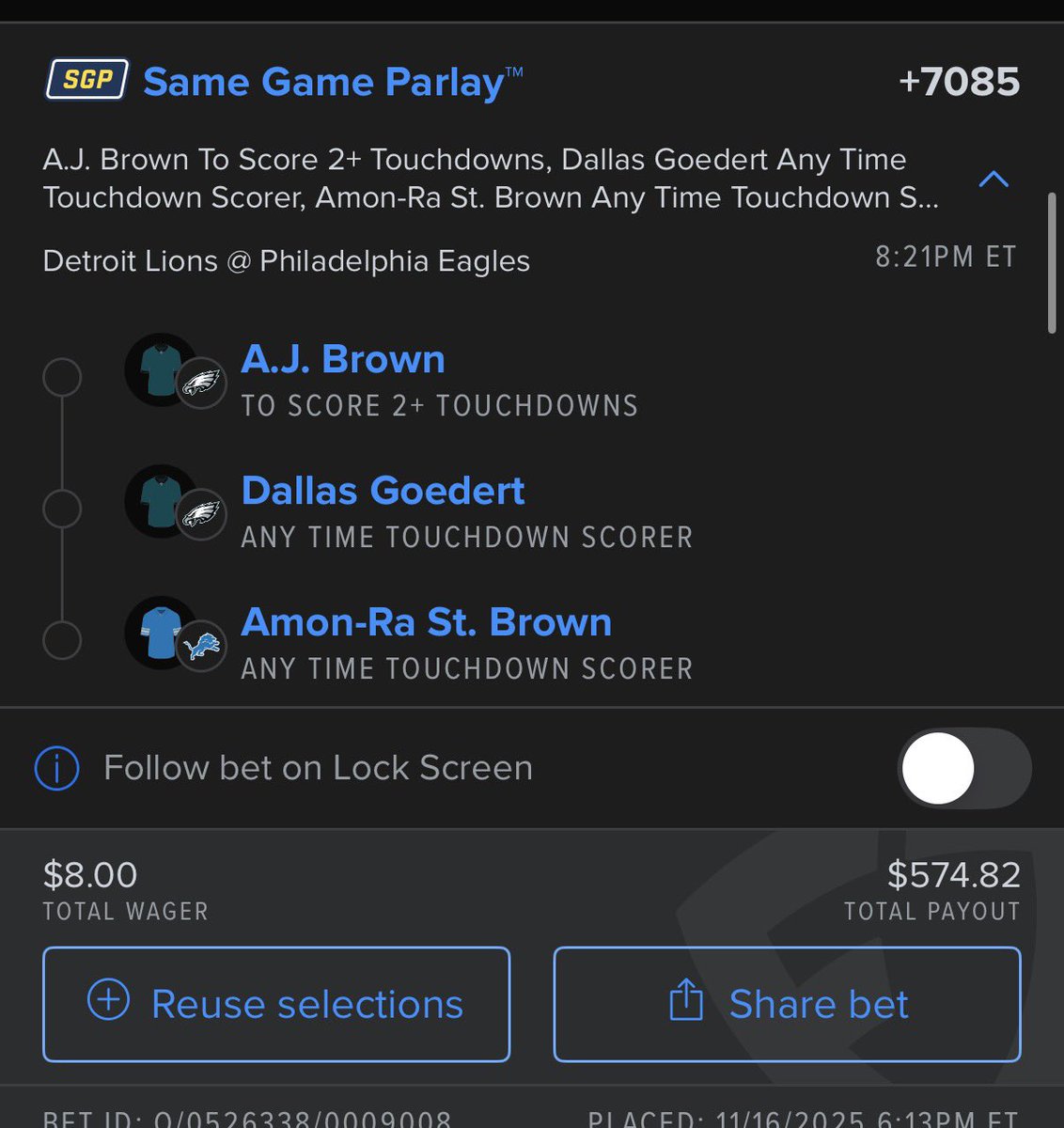 kevb3355's tweet photo. A.J. Brown redemption game ๐ค๐ฅ
A.J. 2 TDs
Goedert anytime
Amon-Ra anytime
+7085 ๐คฏ
$8 to win $574.
If A.J. wants his get-back tonightโฆ this one gets spooky ๐๐ฆ
#NFL #Eagles #Parlay #SGP #LottoPick #AJBrown #RunItUp https://t.co/sW6j0sN7qy