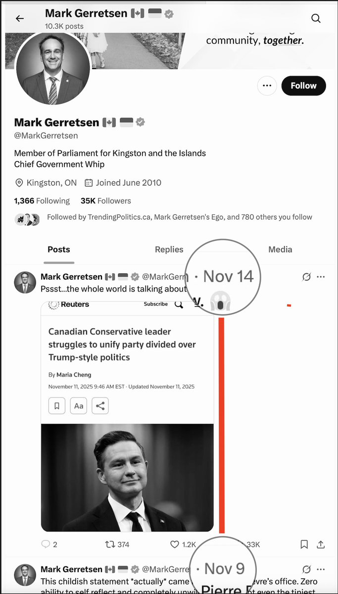 AndyBrookeLmstn's tweet image. Chief Government Whip (&apos;Whip&apos;) @MarkGerretsen AND NO Remembrance Day post.