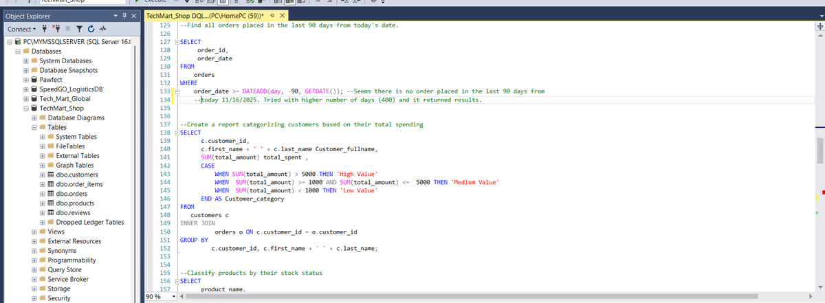 starryeyed_soul's tweet image. Day 2: DOCUMENTING MY SQL PROGRESS

Just another day in the trenches, Chads. 

Couple of queries today.  Each query is separated by comments. 

Query 1: All orders placed in the last 90 days from today&apos;s date. The idea here is to use the DATEADD function to add 90 days to the…