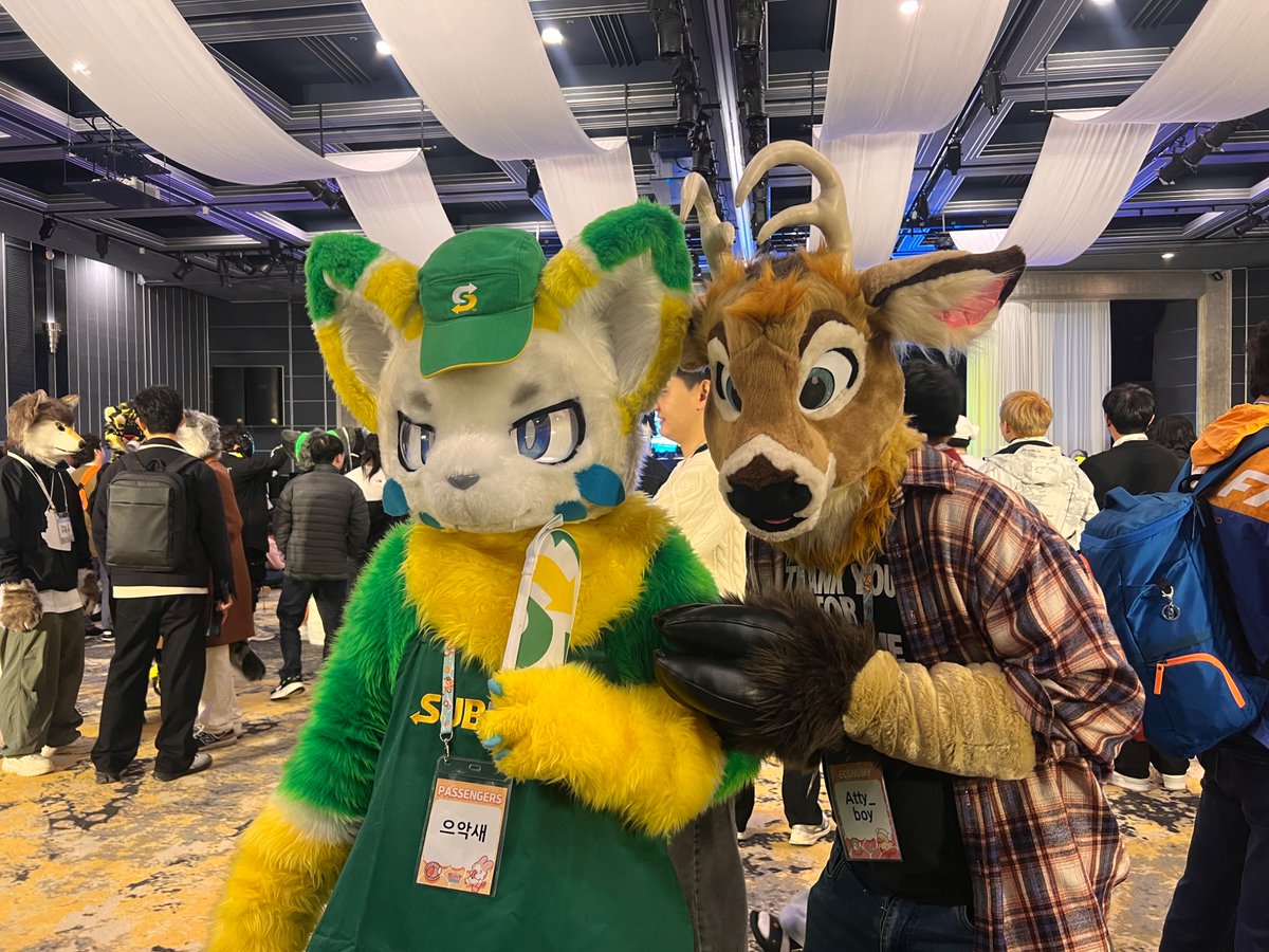 atty_boy's tweet photo. So many cute fursuits at @FURSTCLASS_KR in Busan this weekend! Was so cool to see furry events on the other side of the world 🥰 sorry I didn't grab @/s for everyone! https://t.co/KsosfPCDlQ