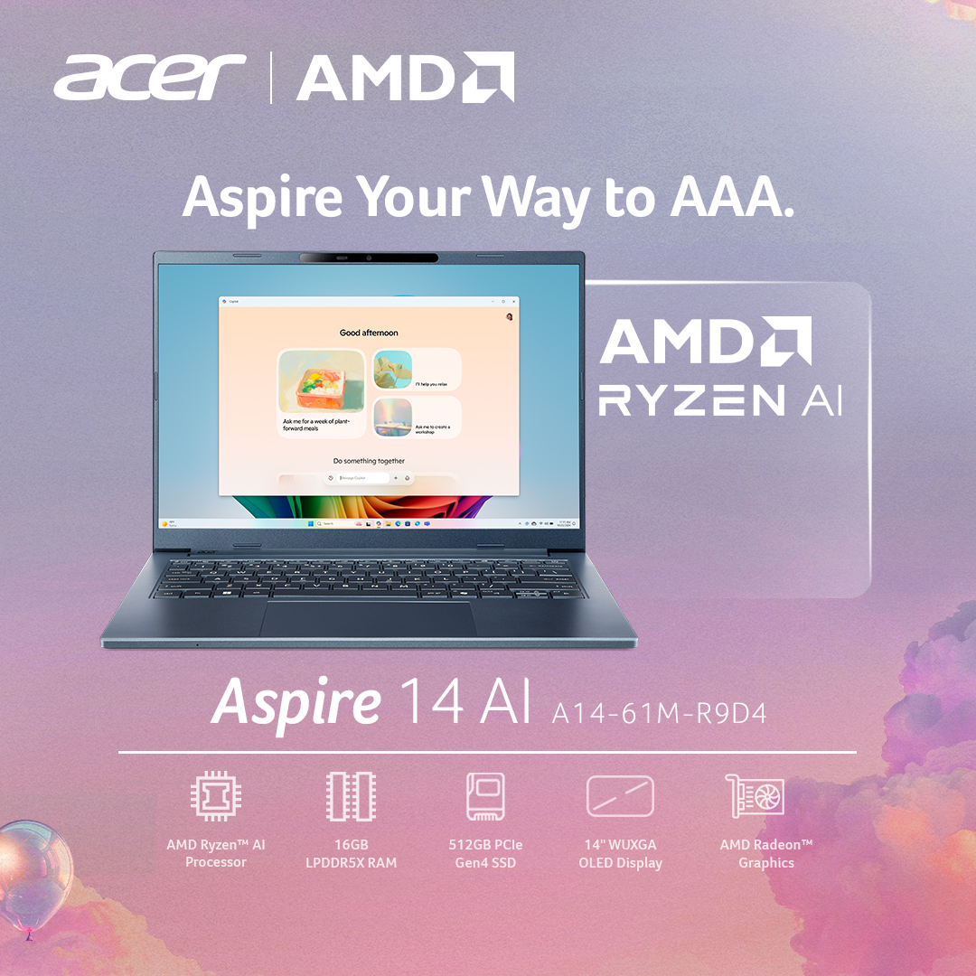 AcerPhils's tweet image. From morning reports to after-office presentations, the AMD Ryzen™ AI processor powered #AcerAspire 14 AI with Copilot helps you stay on top of it all. It helps anticipate your workflow, provides smart suggestions, and ensures every task flows without interruption.

Make work…