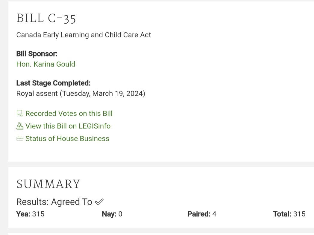 Remembering every single <a href="/CPC_HQ/">Conservative Party</a> MP fighting tooth and nail against $10/day daycare, in the HoC, on Committees and in the media. Their final vote to pass Bill C35? They ALL voted Yes. They knew Cdns would be pissed if they sunk the program.