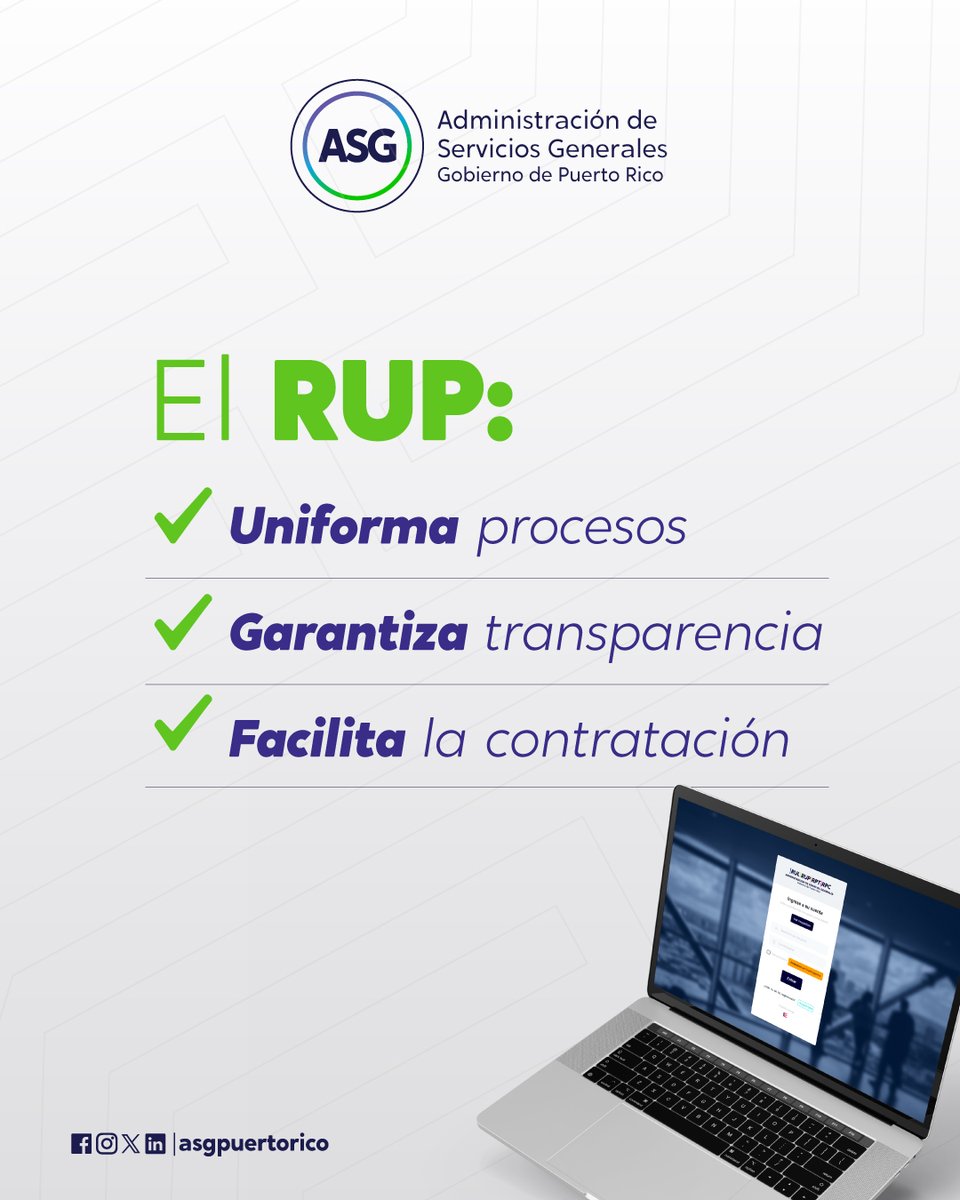 📢 ¿Sabías que el RUP simplifica y hace más eficientes los procesos del Gobierno?

Evita duplicidades, promueve la uniformidad y garantiza cumplimiento con la ley.

👉 Regístrate hoy: asg.pr.gov
#ASGComunicando #RegístrateRUP