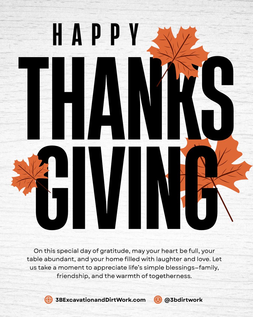 3bdirtwork's tweet photo. Grateful for our team, our clients, and our Texas community.
Happy Thanksgiving from your neighbors at 3B Excavation & Dirt Work.
Call 214-202-8294 or visit https://t.co/imnK8NJAc3
#Thanksgiving #VeteranOwned #ErathCounty #3BExcavation https://t.co/n85SeUG6nW