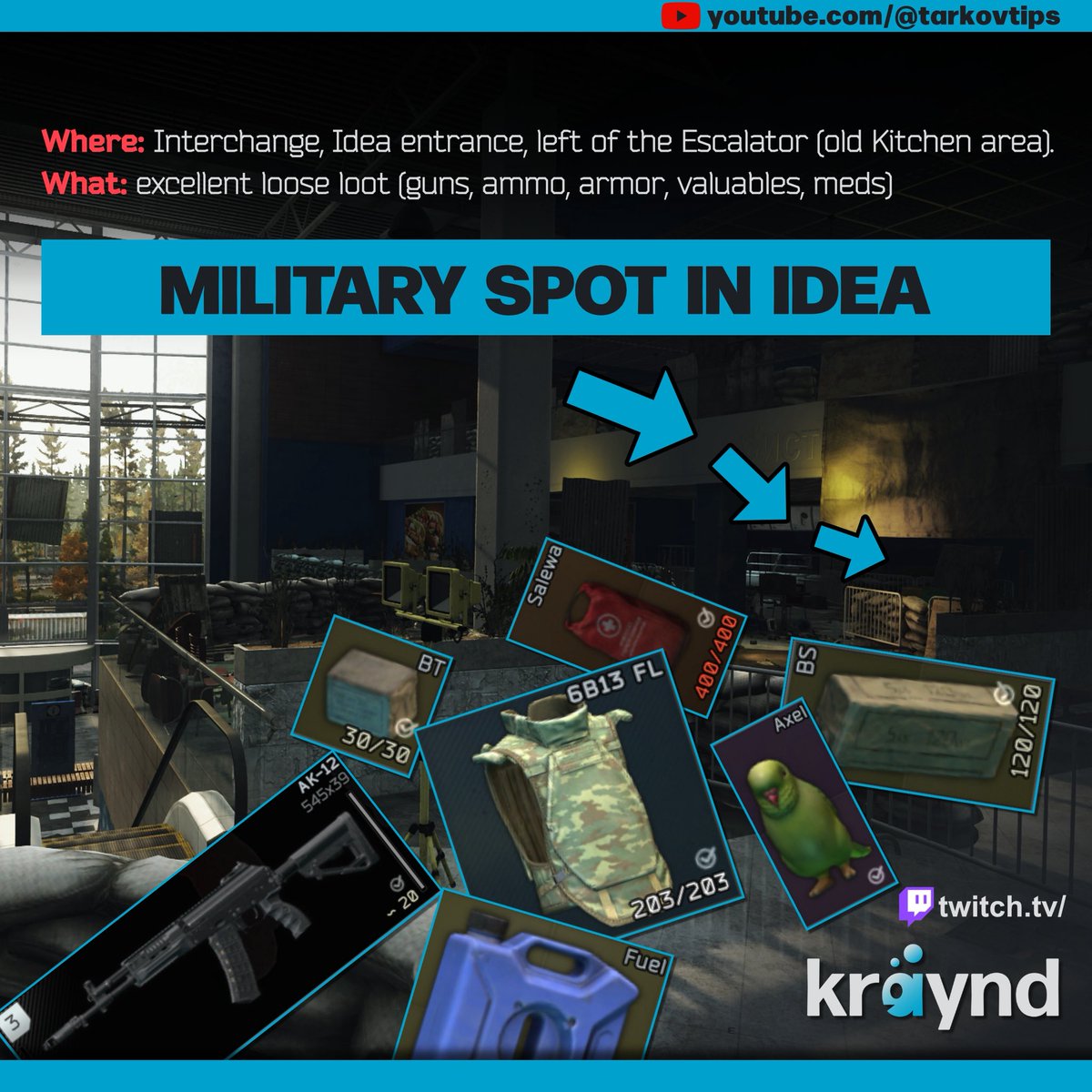 tarkovtips's tweet image. Loot this area if you&apos;re on Interchange!
Even as a Scav, you&apos;ll often find this place untouched. 
Look closely and you can grab some really good items there!