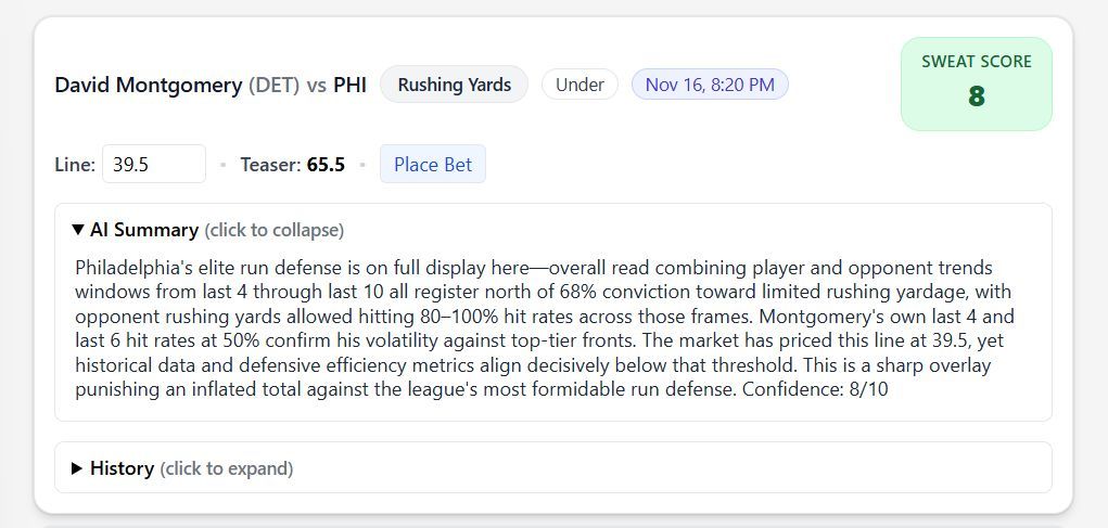 SweatAnalytics's tweet image. Detroit Lions @ Philadelphia Eagles

David Montgomery UNDER 39.5 Rushing Yds
DeVonta Smith OVER 56.5 Receiving Yds
Jahmyr Gibbs UNDER 3.5 Receptions
Dallas Goedert UNDER 4.5 Receptions
Sam LaPorta UNDER 3.5 Receptions