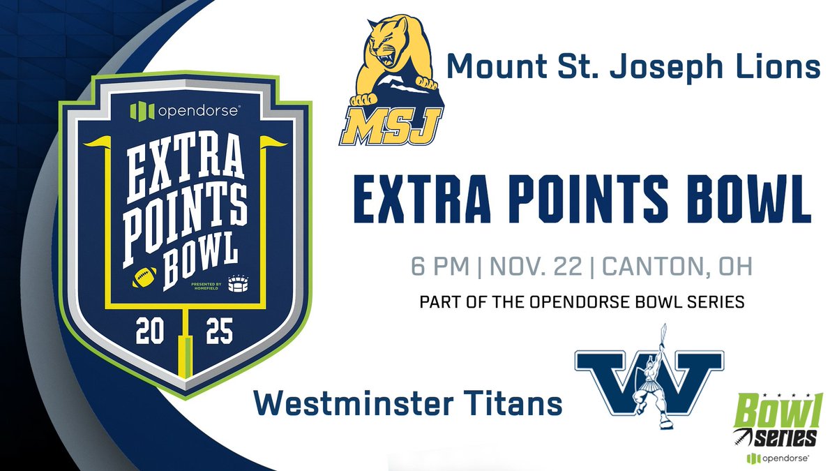 HCAC x OpenDorse Bowl Series

<a href="/MSJ_Lions/">Mount St. Joseph University Athletics</a> will officially represent the <a href="/HCACDIII/">Heartland Collegiate Athletic Conference</a> in The Extra Points Bowl presented by @OpenDorse . The game is slated for Nov 22 at 6 PM in Canton, Ohio.

Full Release: tinyurl.com/25ExtraPtsBowl…

#TheHeartOfD3 | #D3FB | <a href="/D3BowlSeries/">Opendorse Bowl Series</a>