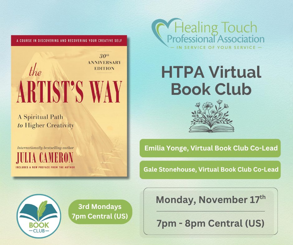 HTProgram's tweet image. What if your creativity held the key to your next breakthrough?

📘 HTPA’s Artist’s Way Book Club
🗓️ Nov 17 &amp;amp; Dec 15 @ 7pm CT
🖋️ Morning Pages + Artist Dates
💻 Zoom + replay | FB group for sharing

#HTPAEvents #HealingTouch #CreativeHealing #MorningPages #TheArtistsWay