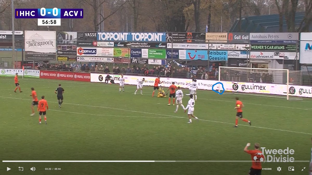 GOAL  (geen?) 
1. Voorzet Schraven, speler+keeper (ACV) zoeken positie..Zwikstra (HHC) daartussen.
2.Zwikstra richting keeper geduwd door verdediger, keeper springt hem in de rug.
3. Zwikstra beschermt zichzelf, verdediger zoekt vrije positie
4. En scoort..afkeur goal
#hhcacv
