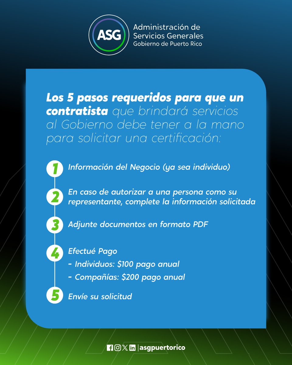 📢 Sigue estos 5 pasos para obtener tu certificación del RUP:
1️⃣ asg.pr.gov
2️⃣ Sección RUP
3️⃣ Regístrate
4️⃣ Sube tus documentos
5️⃣ Obtén tu certificación ✅
#ASGComunicando #RegístrateRUP