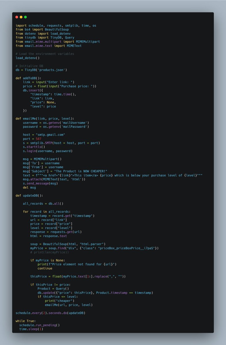 dkingony's tweet image. 🎉I did it 🎉 It&apos;s Day 💯 of 100!

The Final Challenge – Price Scraper with Email Automation✨ Today, I created a price scraper that checks for price changes daily and sends an email to me if the price drops below my desired price.

#Replit100DaysOfCode #finallyMyHundredthDay