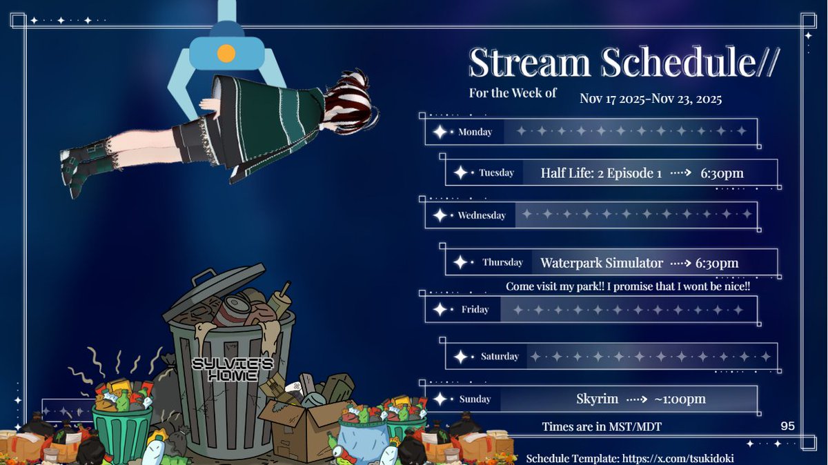 Scheduleeee! I got Half Life: 2 Episode 1 on Tuesday and Waterpark Simulator on Thursday!! And for the third stream this week I will be playing Skyrim! I've been wanting to continue my first playthrough of Skyrim that I started when I first started streaming so I finally am!