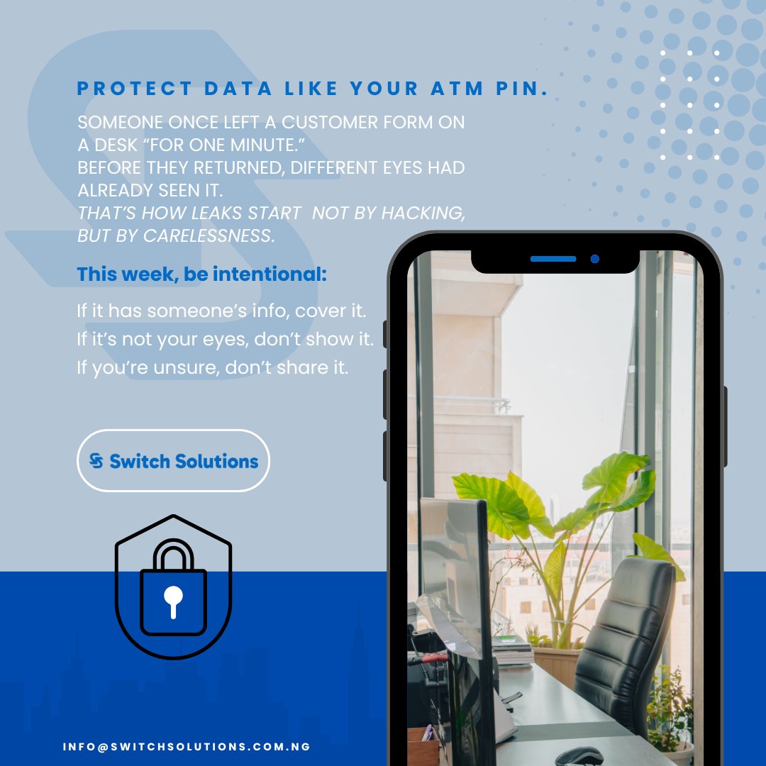 switchsolution_'s tweet image. New week reminder: Protect data like your ATM PIN. 🔐
Most leaks start from small mistakes.
Cover it. Lock it. Don’t overshare it.

#DataProtection #PrivacyNG #CyberSmartNG #DigitalNigeria