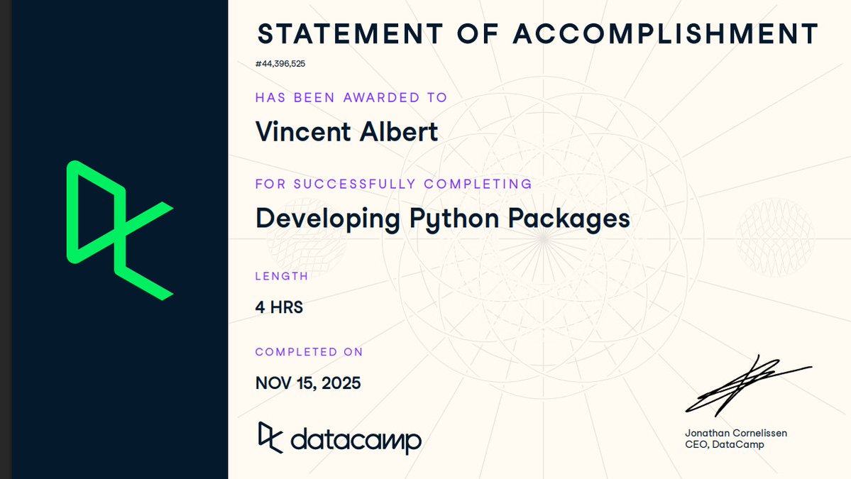 Vinnydinvestor's tweet image. Just completed “Developing Python Packages”!
Learned how to structure packages, write docs, manage imports, handle dependencies, add licenses/READMEs, create wheels, test with pytest, keep code PEP8-clean with flake8, and use Cookiecutter templates.
Leveling up my skills 🚀